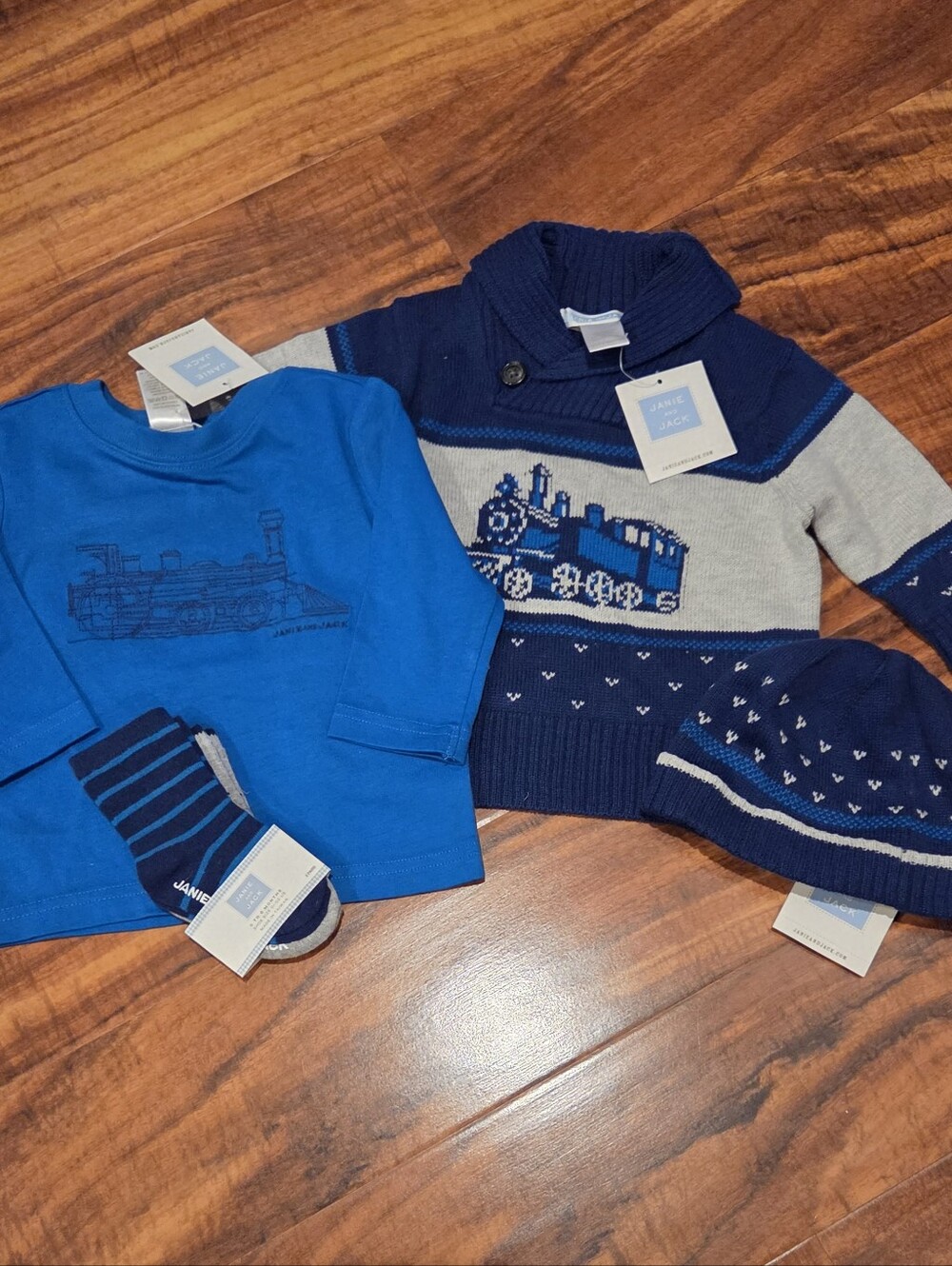 Janie and Jack NWT 3-6 Months Blue Train Sweater, Top, Hat and Socks (2)